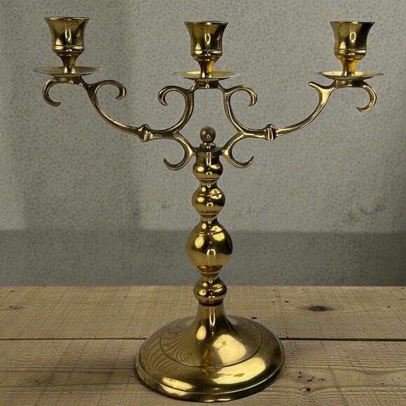 Vintage Solid Brass 3-Arm Candelabra Made in Japan Hollywood Regency - Picture 1 of 10